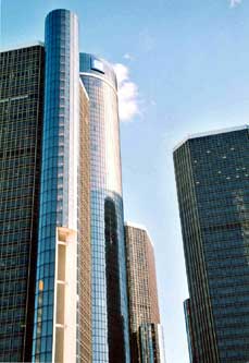 The GM logo now sits atop the 90 storey tower originally concieved by arch rival Henry Ford II